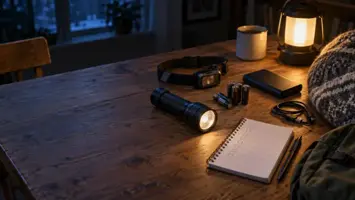 Lommelykt, hodelykt, batterier og batteribank lagt frem til egenberedskap