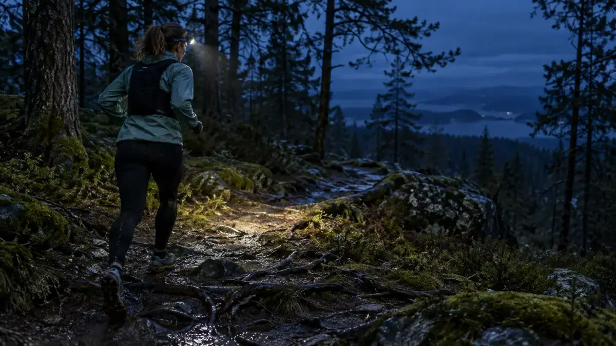 Løper med hodelykt på en våt skogssti ved blåtime